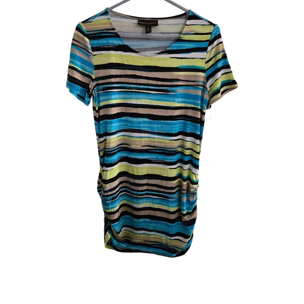 Dana Buchman Womens Blue Lime Green Striped Ruched Short Sleeve Top Size M